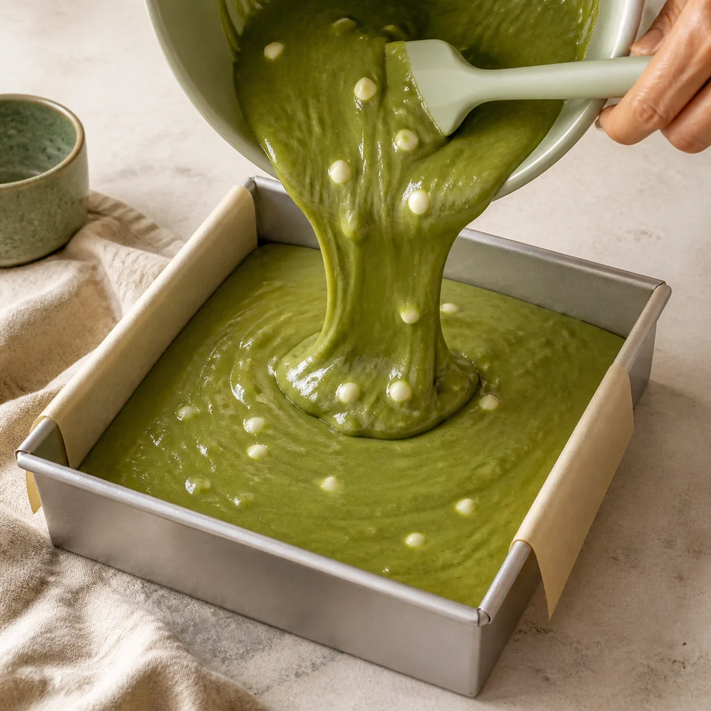Matcha mochi batter poured into an eight-inch parchment-lined metal pan.