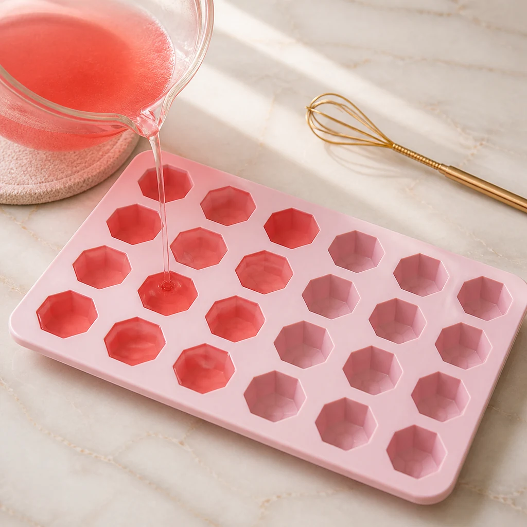 Pouring strawberry agar mixture into a silicone gem mold