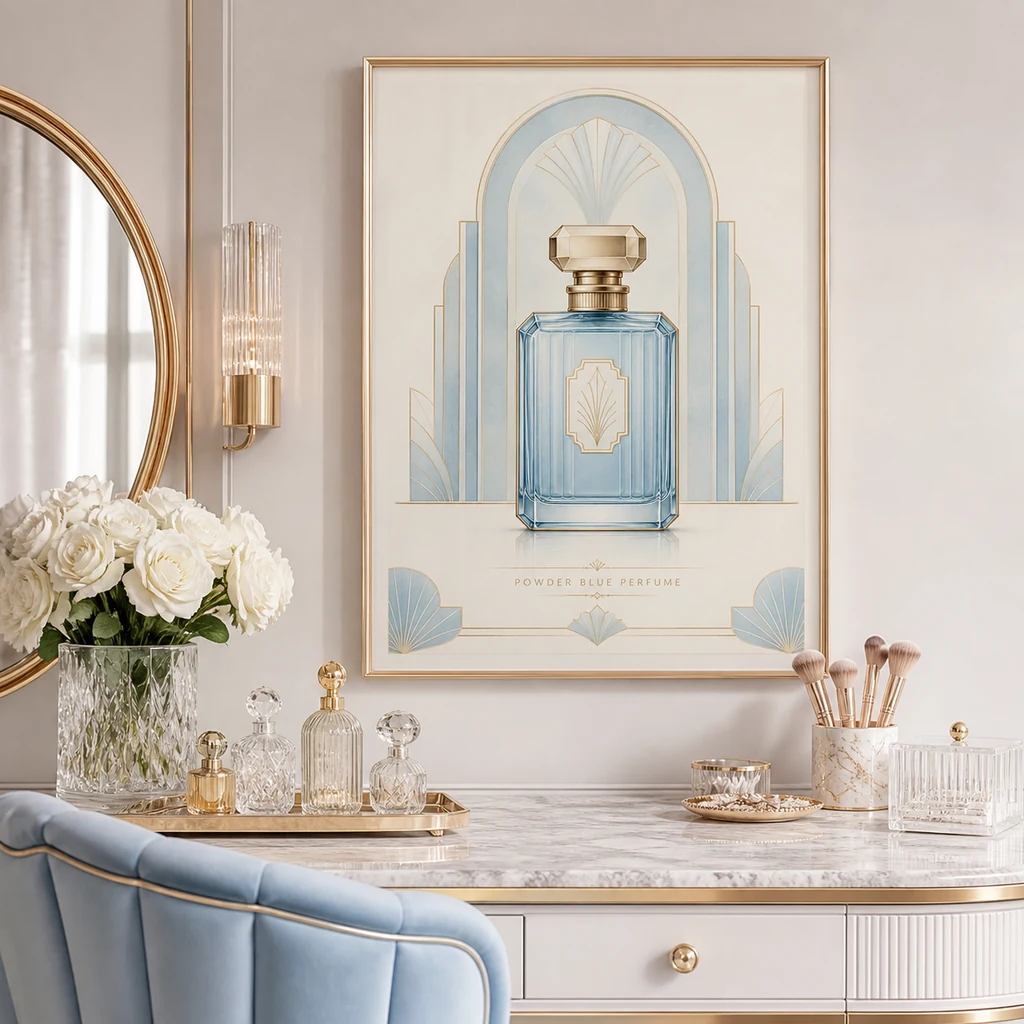 Powder Blue Perfume poster above a feminine vanity