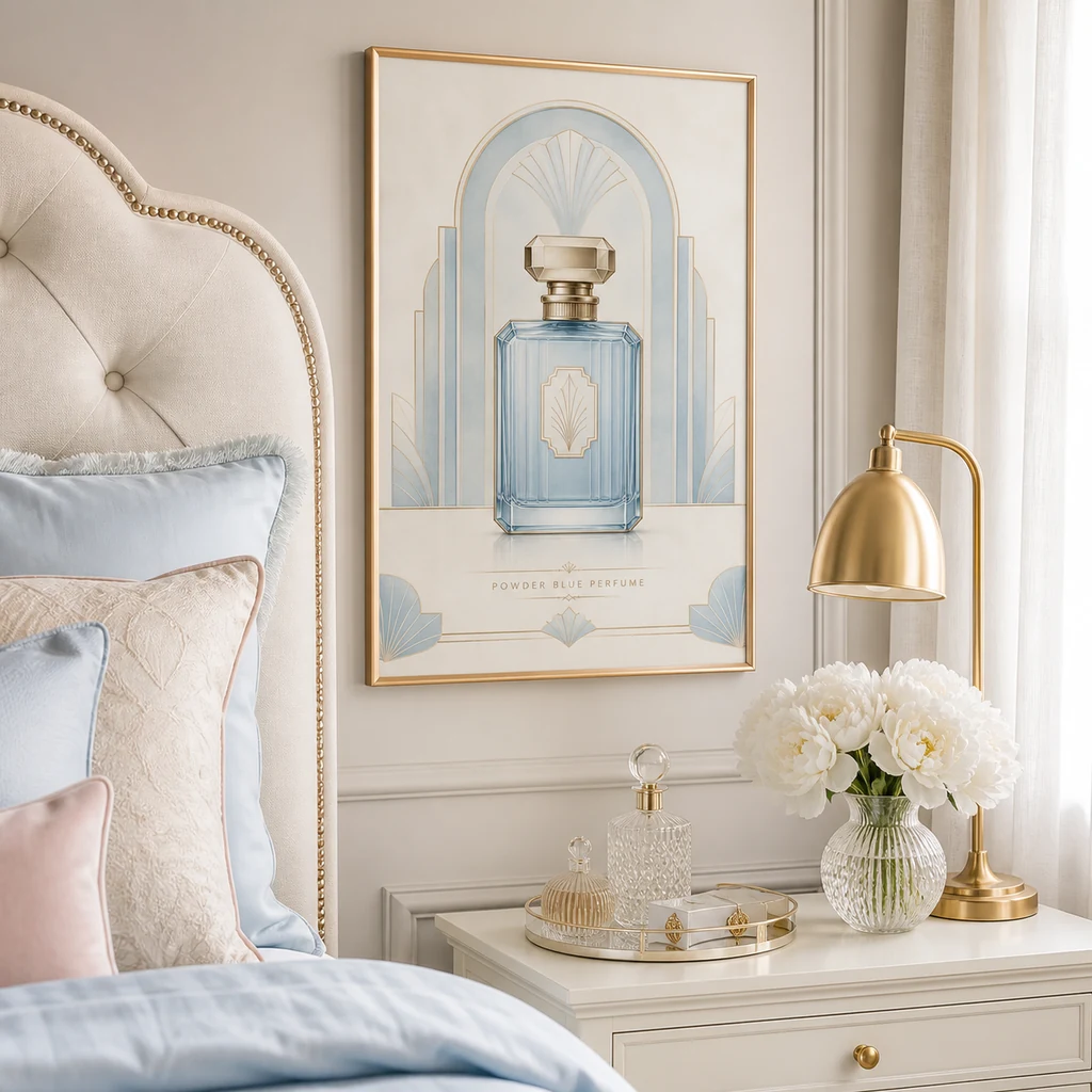Powder Blue Perfume poster styled near a bedroom nightstand