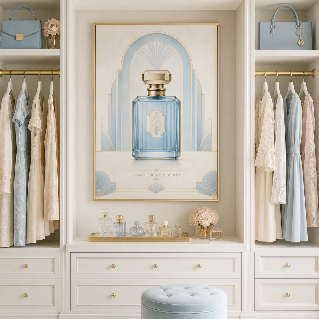 Powder Blue Perfume poster in a walk-in closet niche