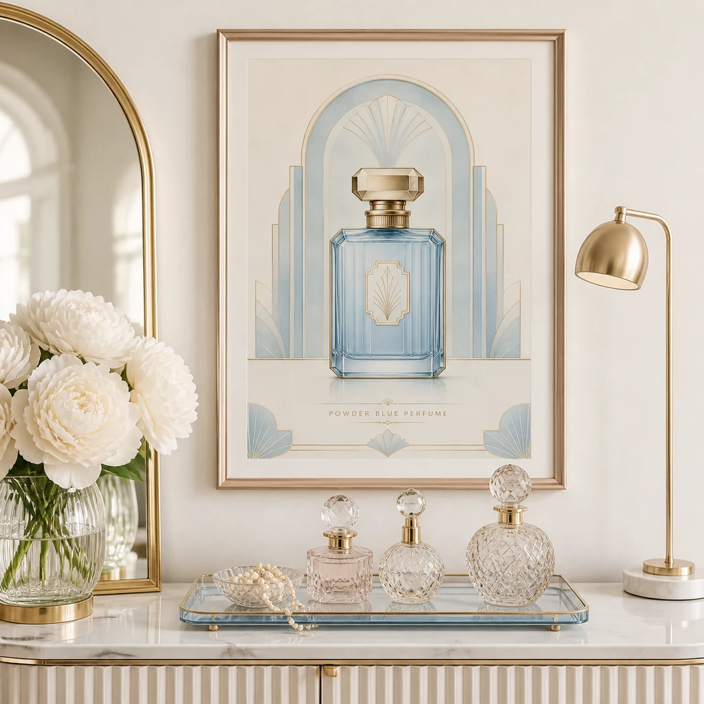 Powder Blue Perfume poster above a brass console with perfume bottles