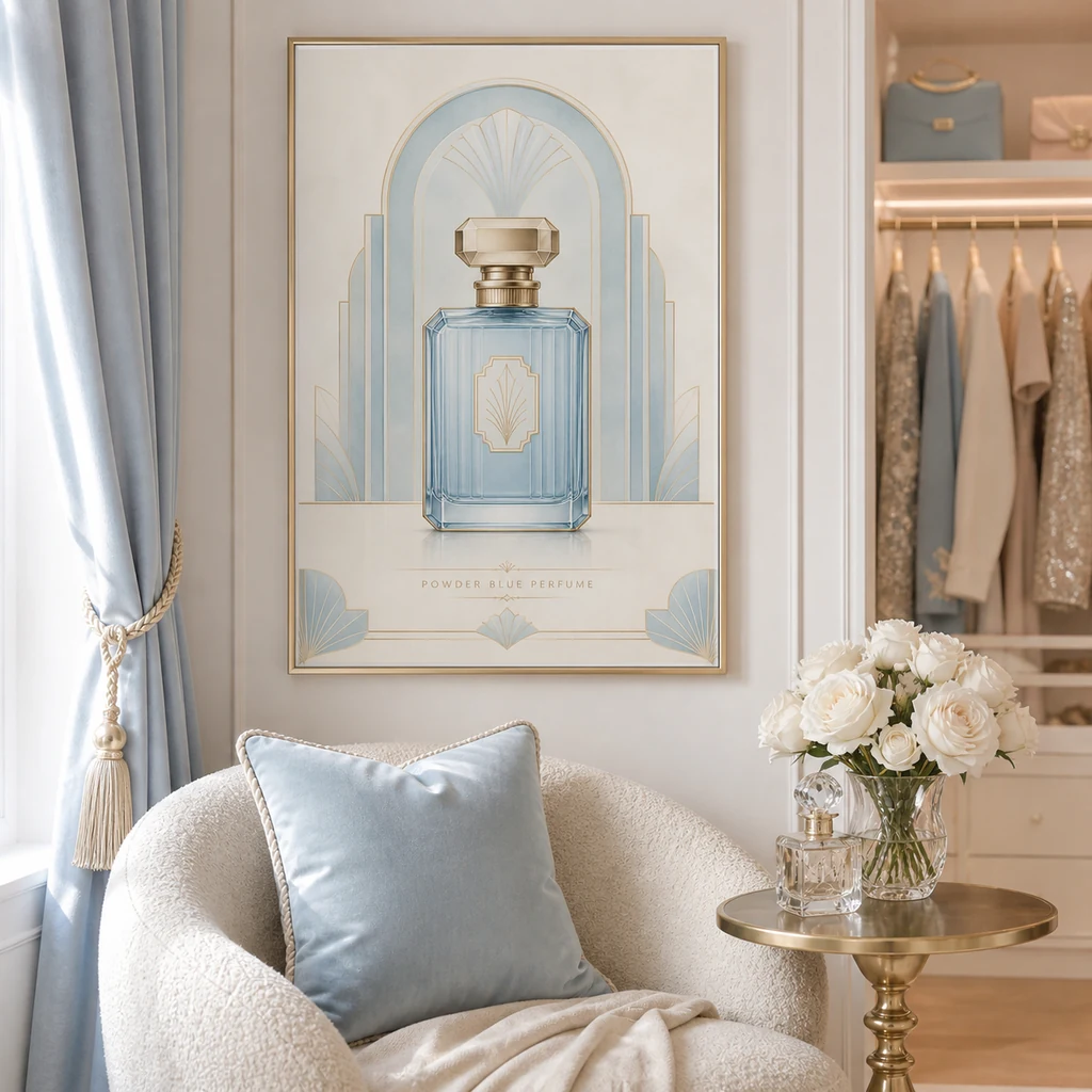 Powder Blue Perfume poster in a boutique reading nook