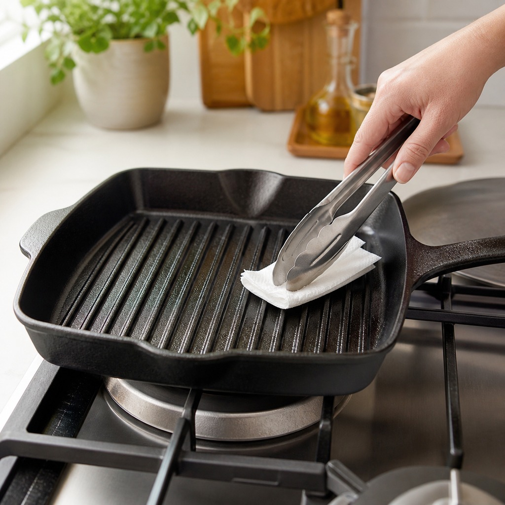 Lightly oiling a preheated ridged grill pan with tongs and folded paper towel