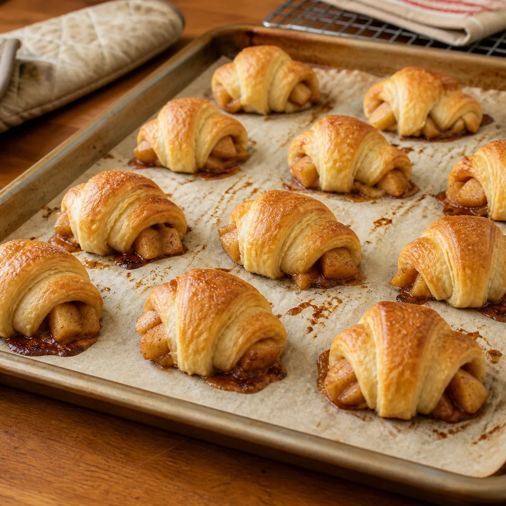 Baked apple pie bites with crescent rolls on a parchment-lined sheet pan