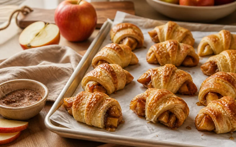 Easy apple pie bites with crescent rolls baked golden and stacked on a plate