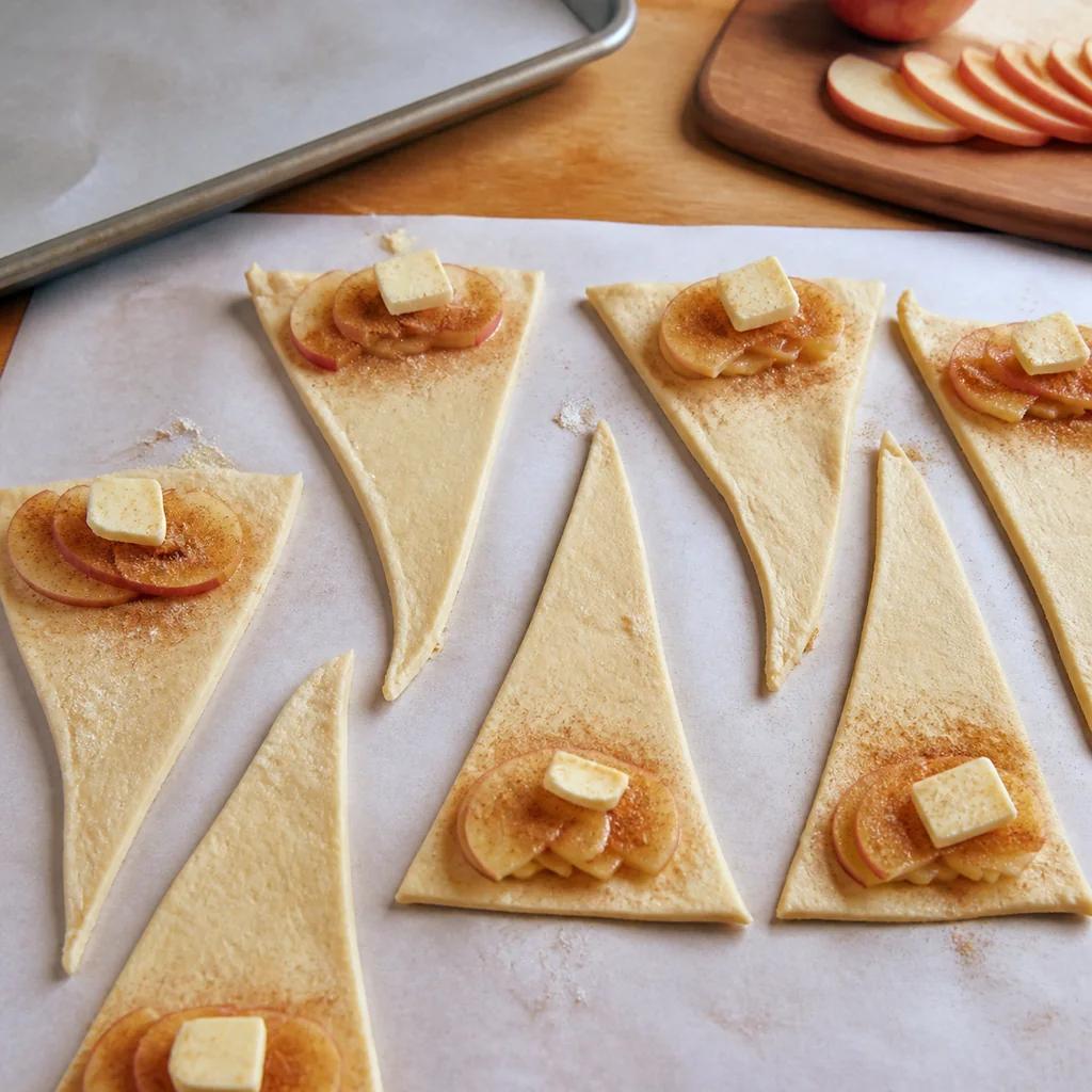 Apple slices and cinnamon sugar placed on crescent dough triangles before rolling