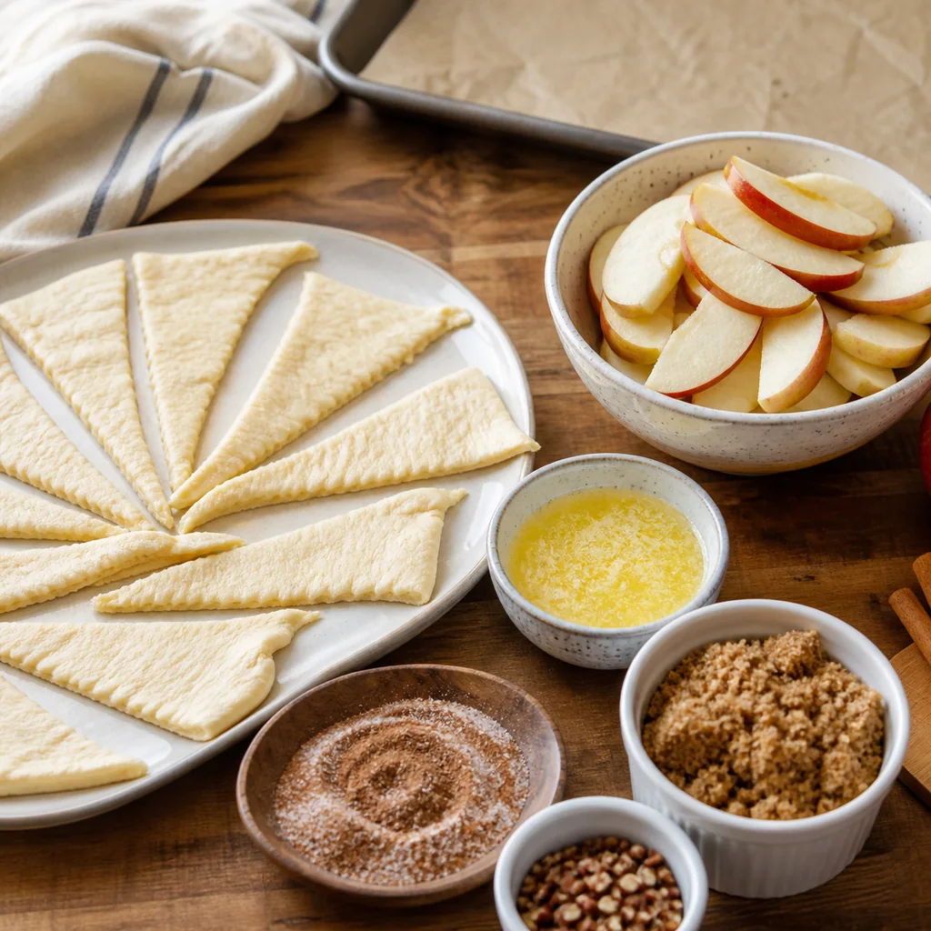 Crescent roll dough, apple slices, melted butter, cinnamon sugar, and chopped pecans for apple pie bites
