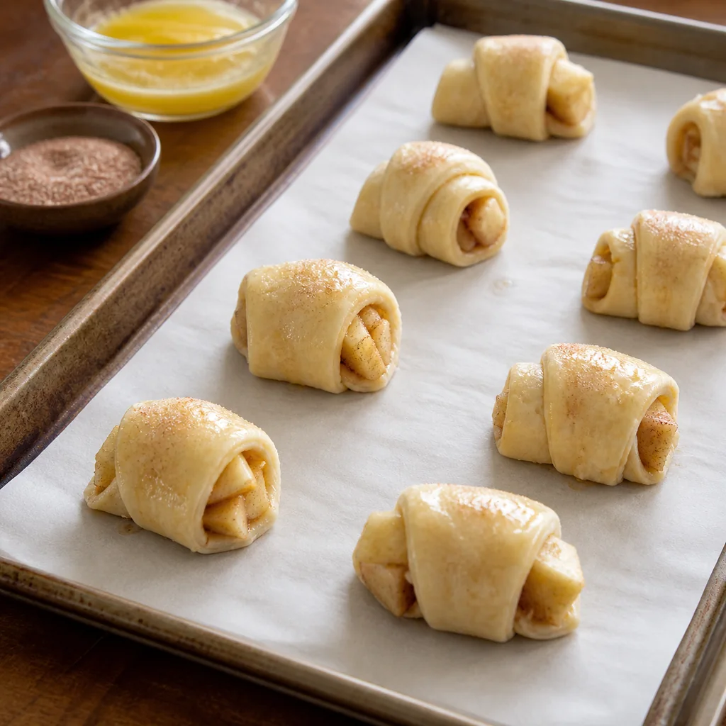 Unbaked crescent roll apple pie bites arranged seam-side down on parchment