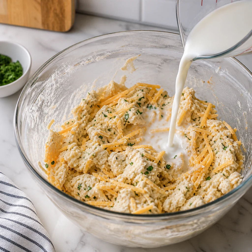 Cheddar, parsley, and milk added to biscuit dough