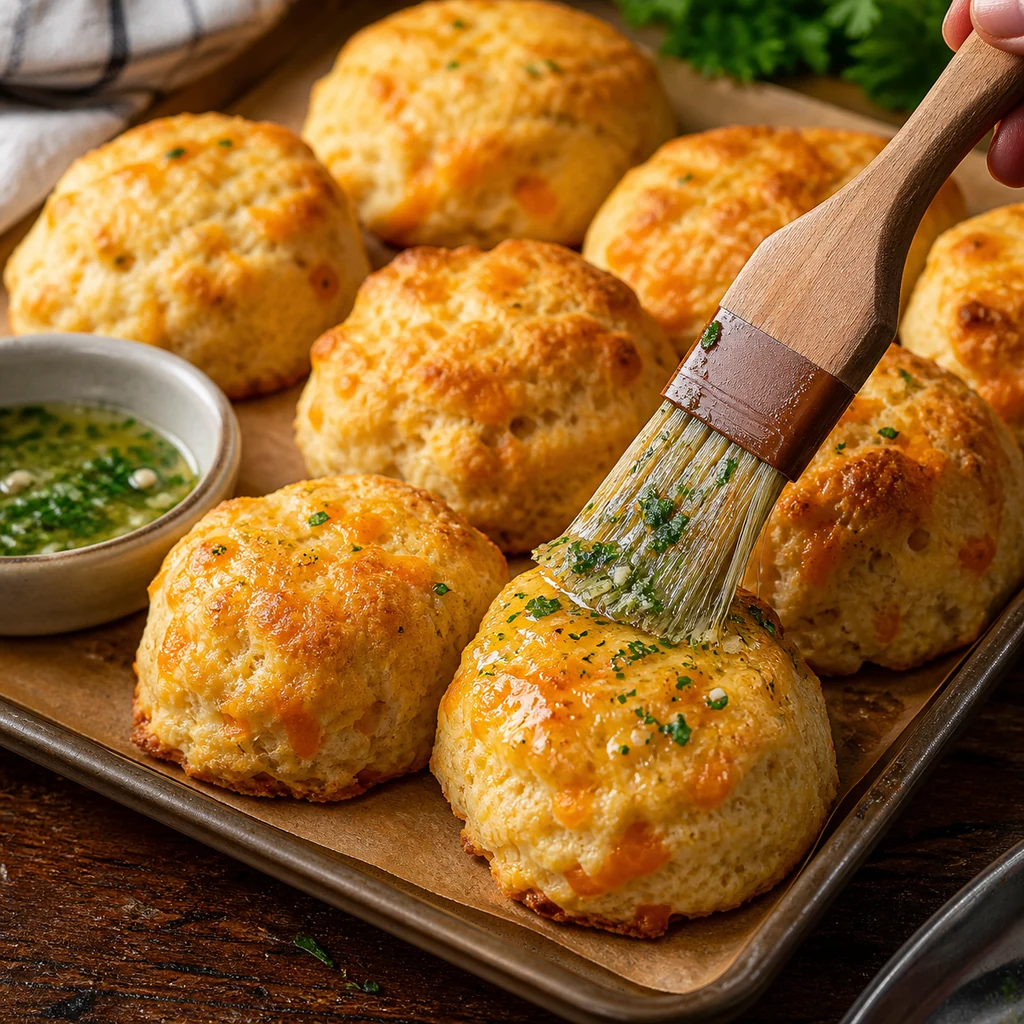 Hot cheddar biscuits brushed with garlic herb butter