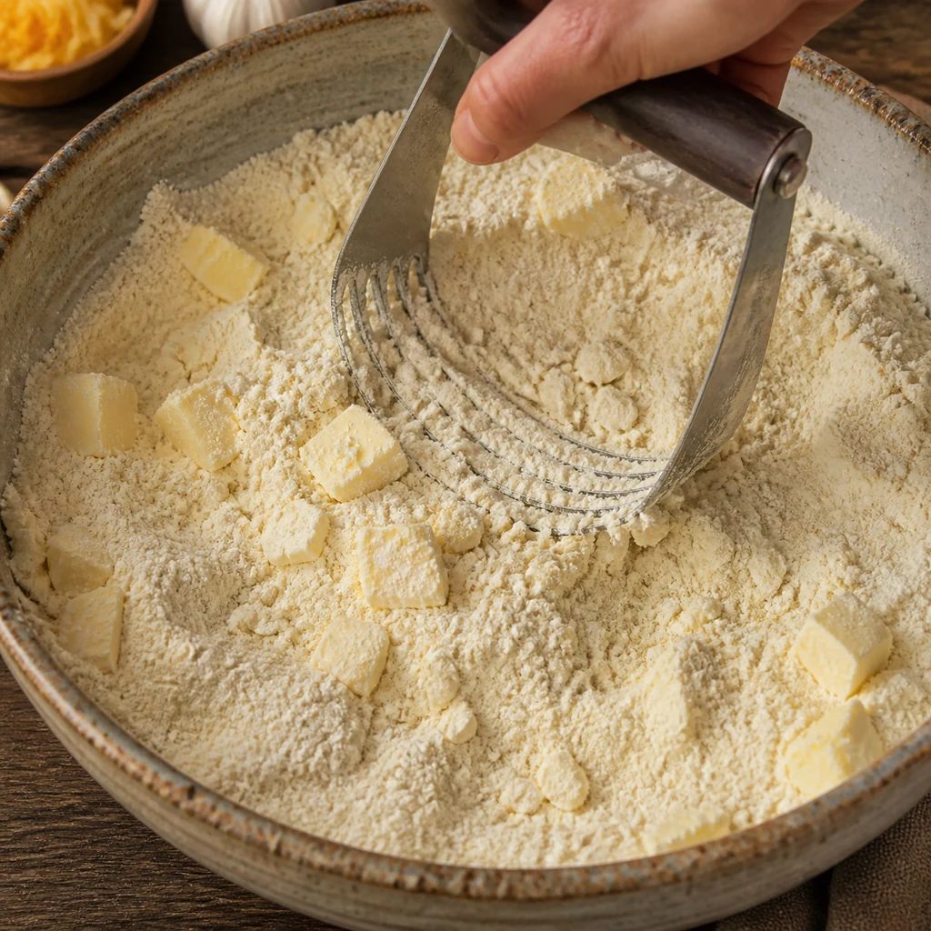 Cold butter cut into flour mixture for cheddar biscuits