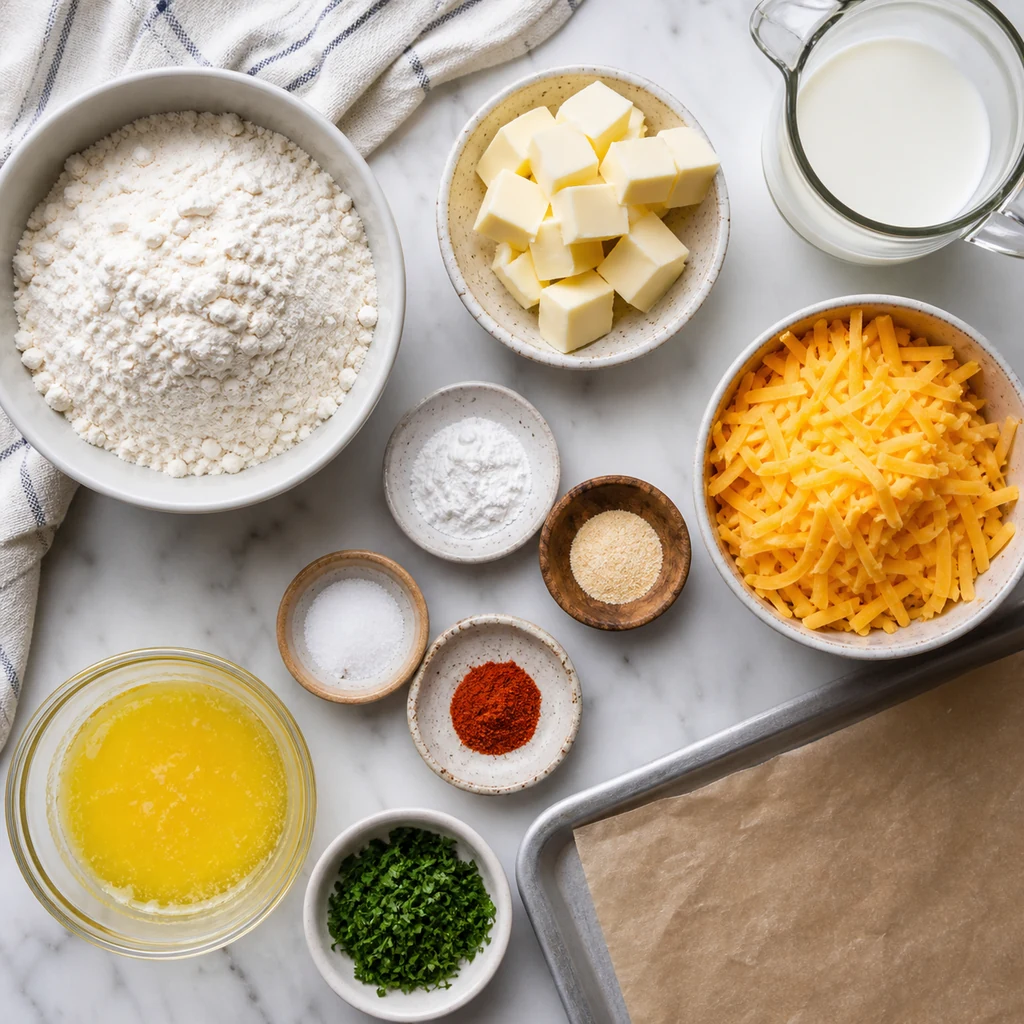 Ingredients for Red Lobster Cheddar Bay Biscuits arranged together