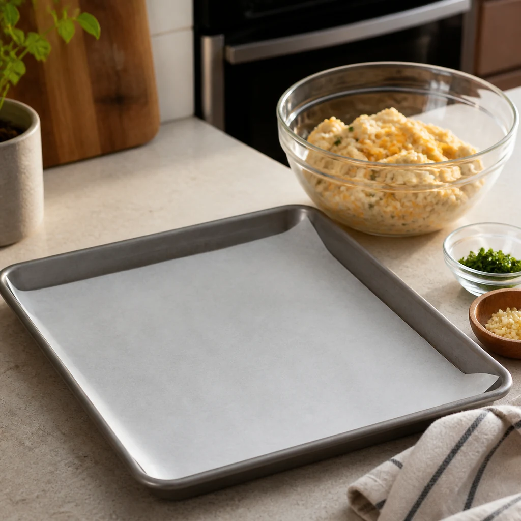 Parchment-lined baking sheet ready for cheddar bay biscuits