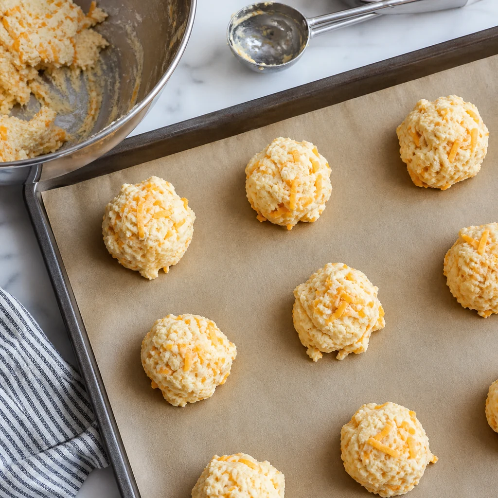 Cheddar biscuit dough scooped onto parchment