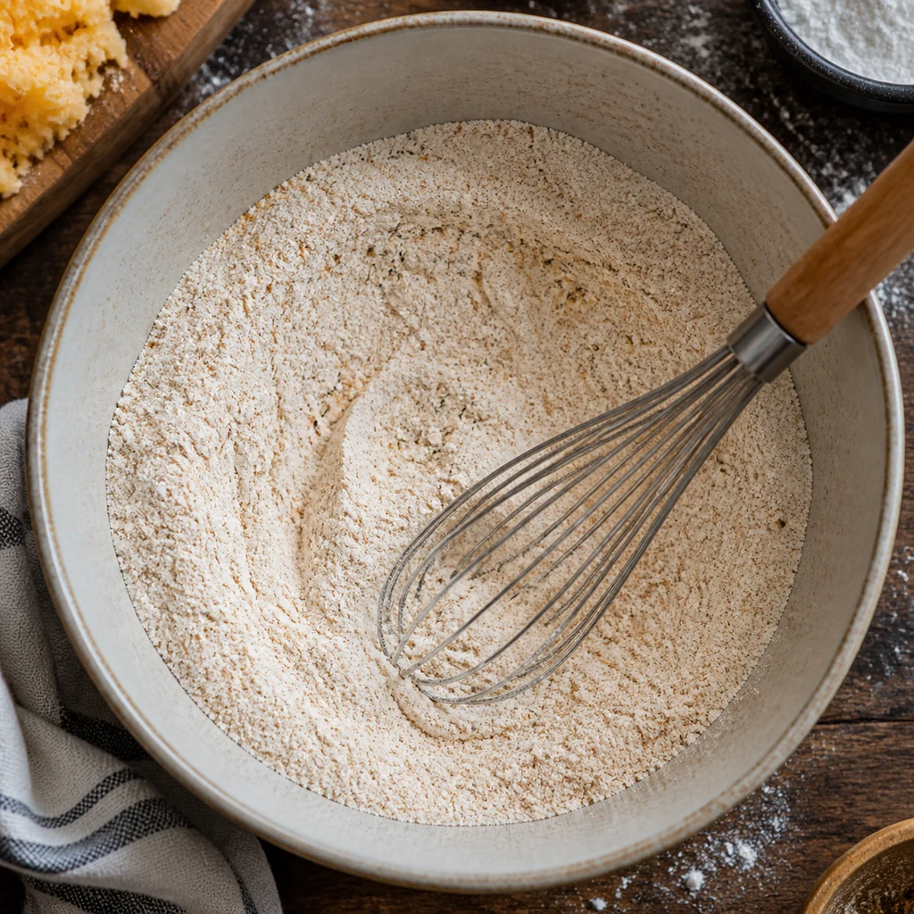 Dry ingredients whisked together for cheddar garlic biscuits