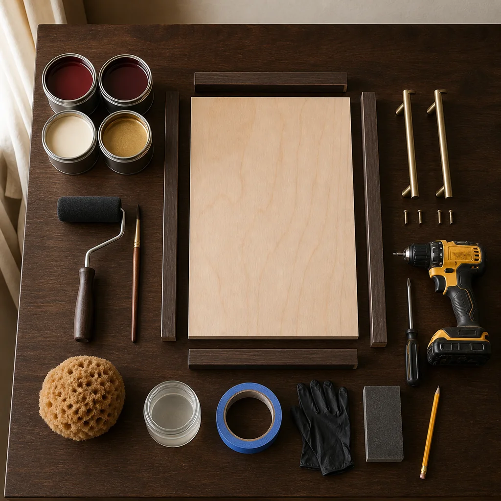 Materials for a faux red marble tray including plywood, walnut trim, two brass handles, paint, and hand tools.