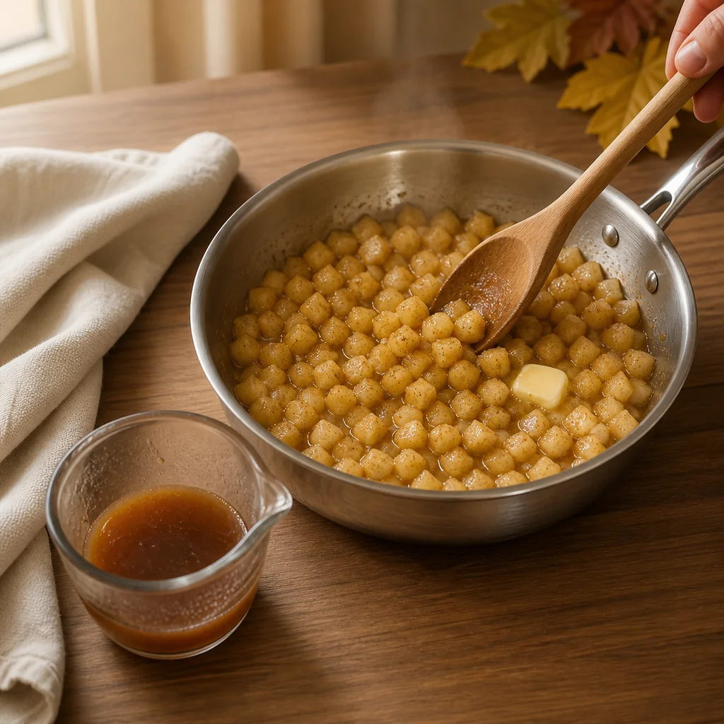 Small cinnamon apple cubes sautéed beside one-third cup of concentrated apple cider reduction.