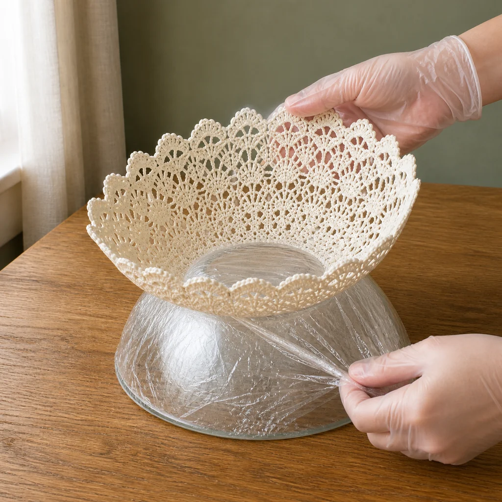 Removing a dry lace doily bowl from its glass mold