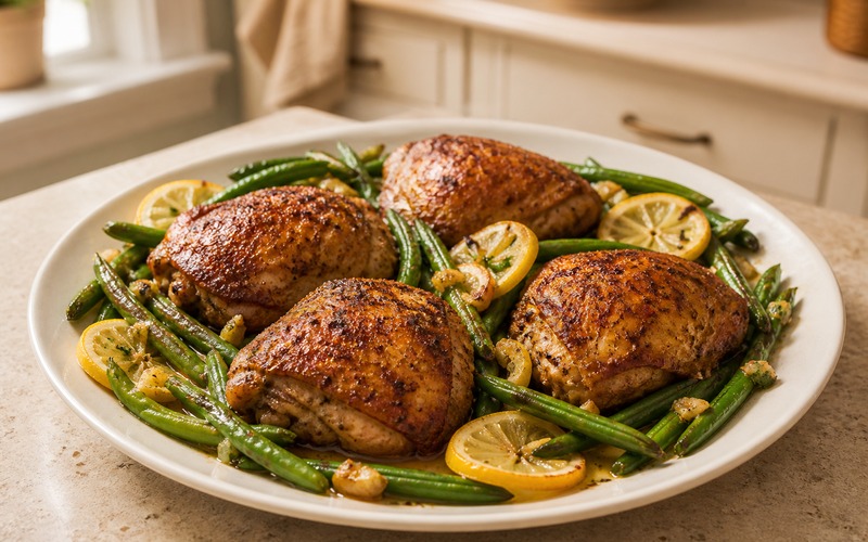 Four roasted chicken thighs with lemon garlic green beans