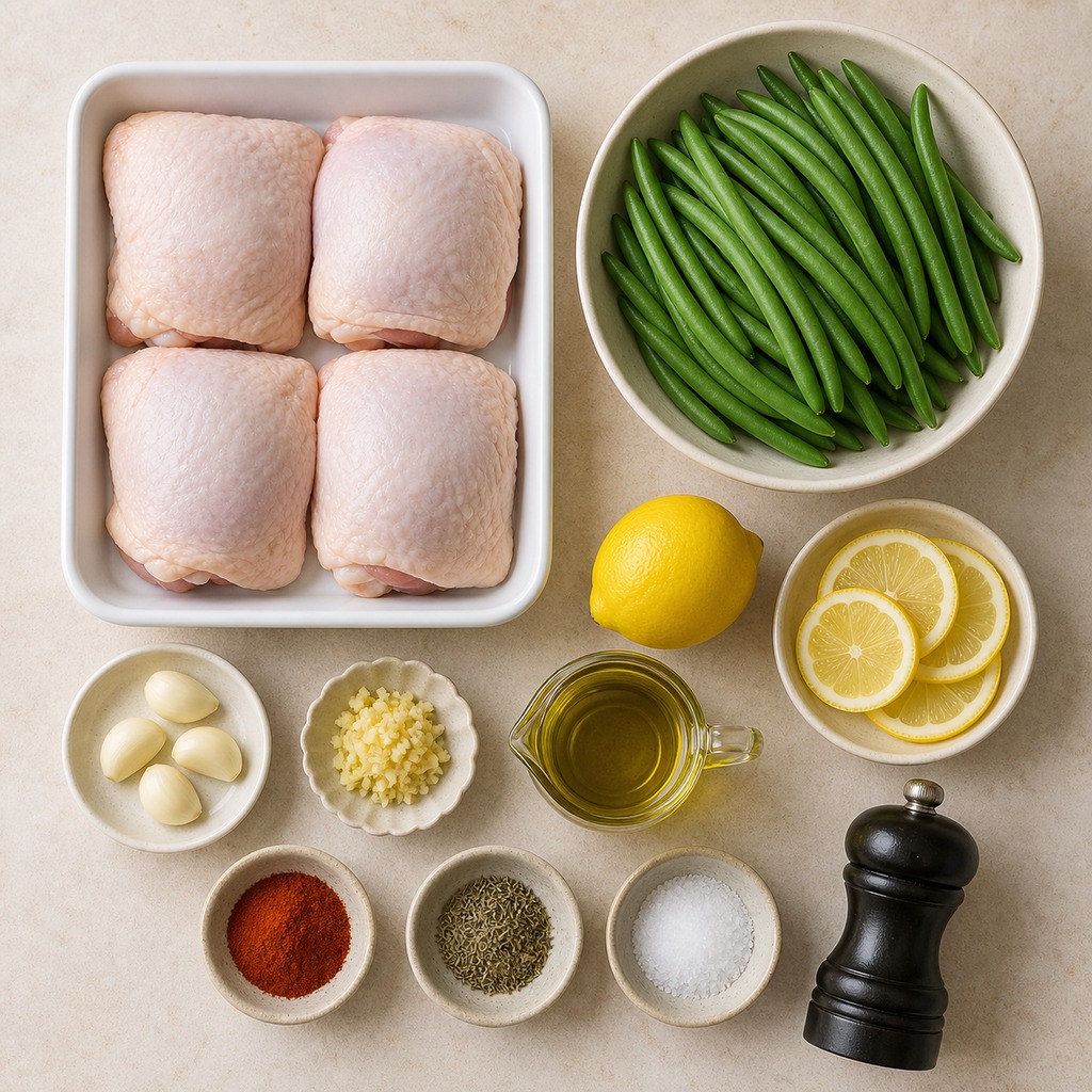 Ingredients for roasted chicken with lemon garlic green beans