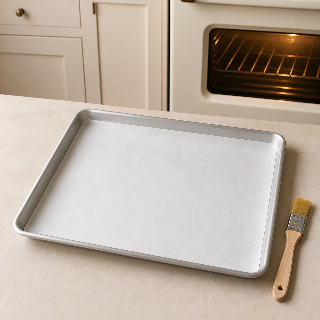 Silver rimmed baking sheet lined with parchment paper