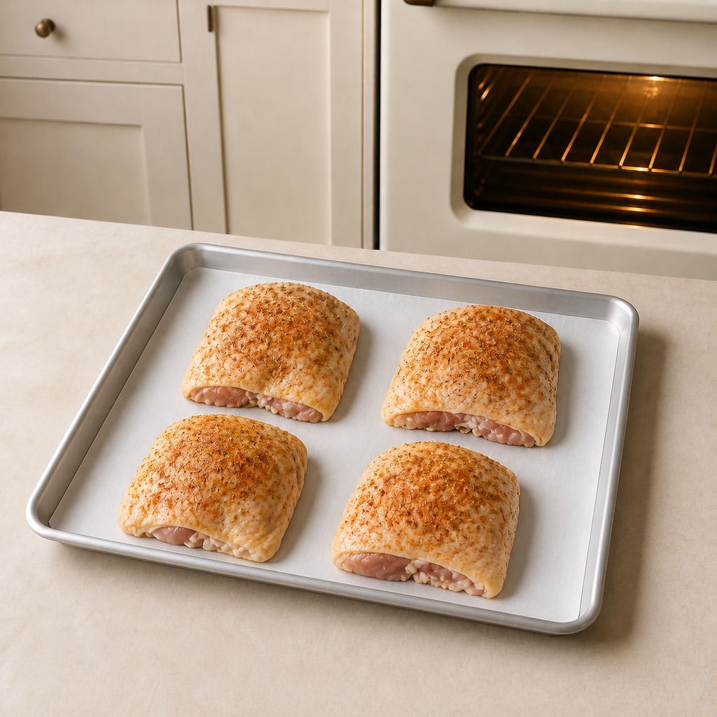 Four seasoned chicken thighs arranged skin side up on a sheet pan
