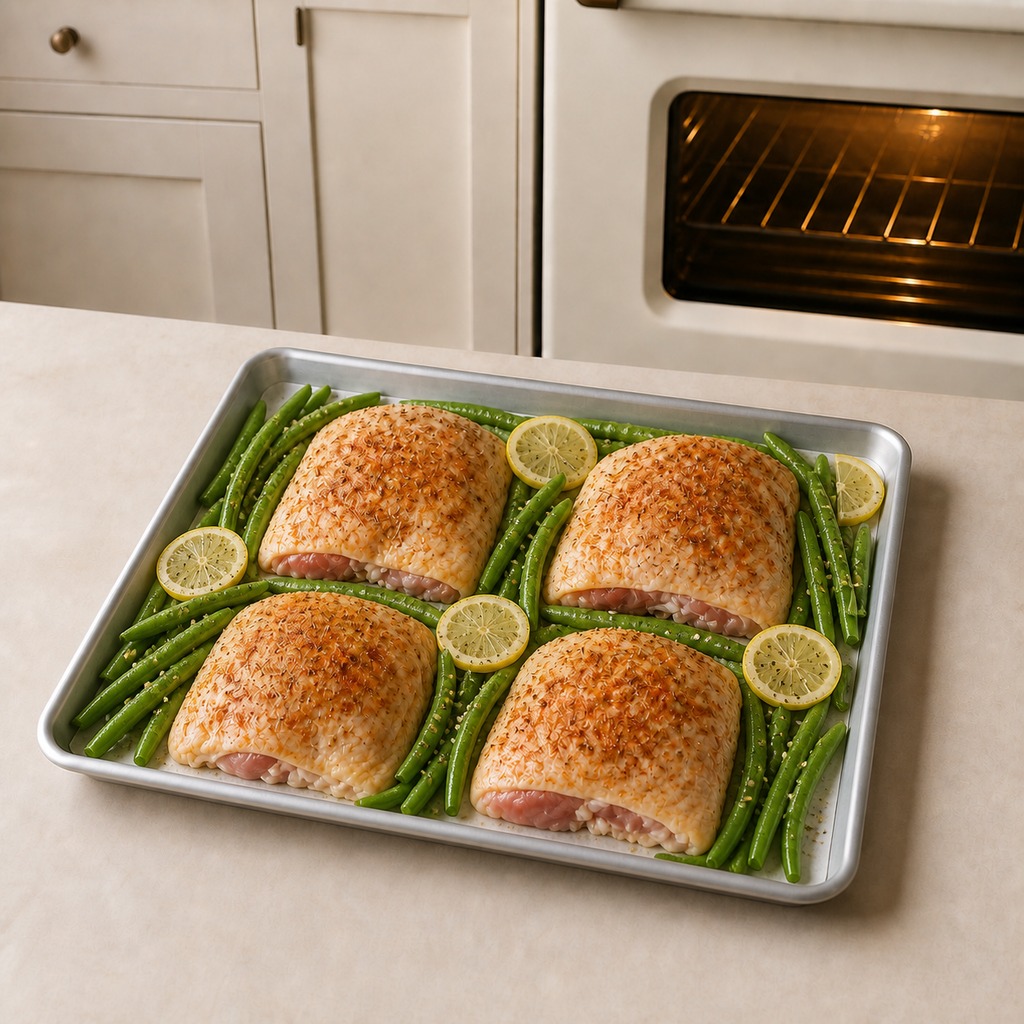Whole green beans and lemon slices arranged around four chicken thighs