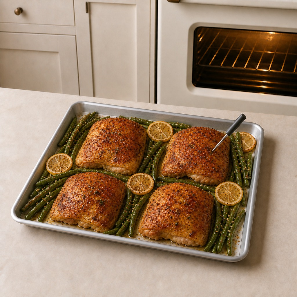 Four golden roasted chicken thighs with green beans and lemon