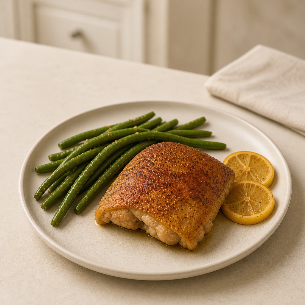 Roasted chicken thigh served with lemon garlic green beans