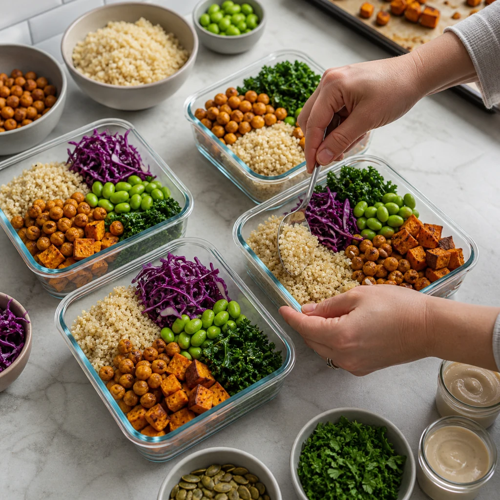 Roasted chickpea sweet potato protein bowls being assembled in four glass containers