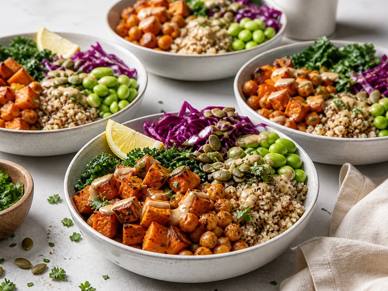Roasted chickpea and sweet potato protein bowls with quinoa edamame greens cabbage pumpkin seeds lemon and tahini