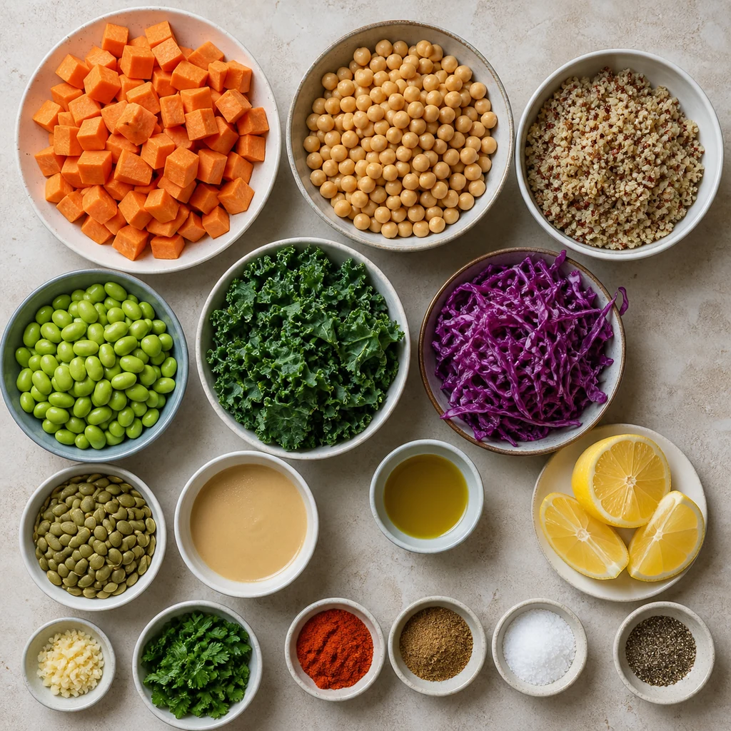 Ingredients for roasted chickpea sweet potato protein bowls arranged on a pale kitchen counter