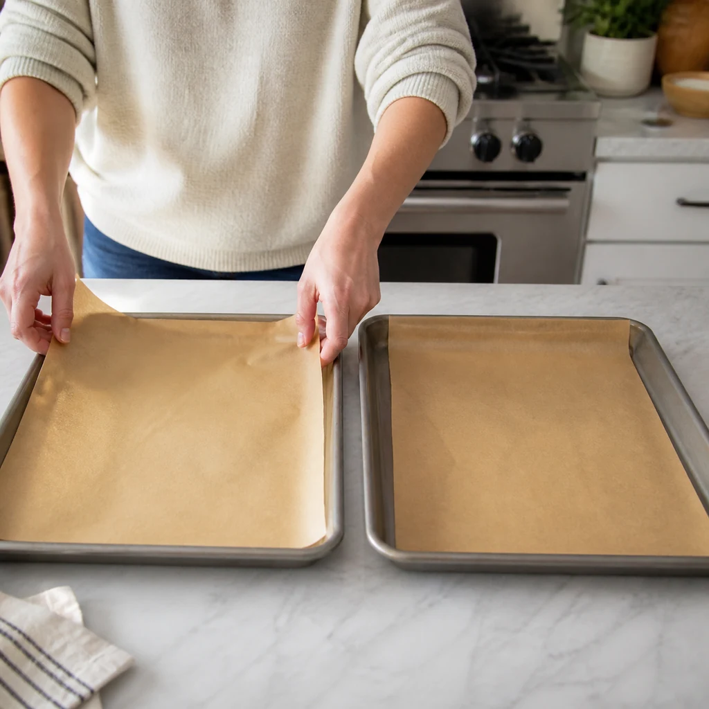 Two parchment lined sheet pans being prepared in a bright home kitchen