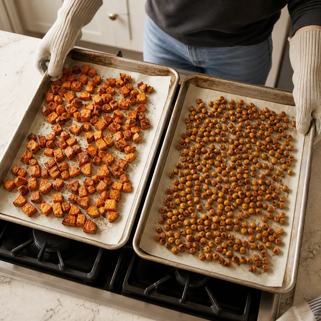 Roasted sweet potato cubes and crisp chickpeas on separate sheet pans