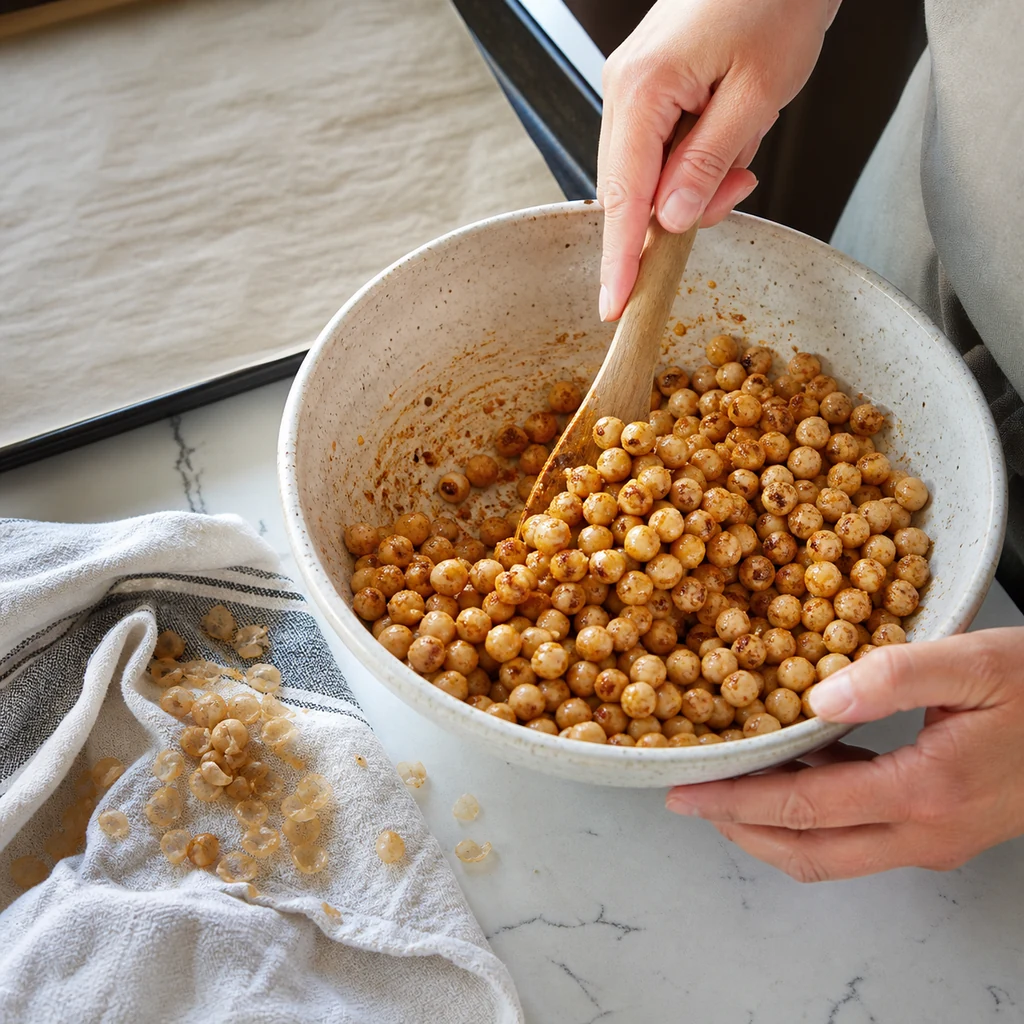 Dried chickpeas being seasoned with olive oil paprika cumin garlic powder and salt
