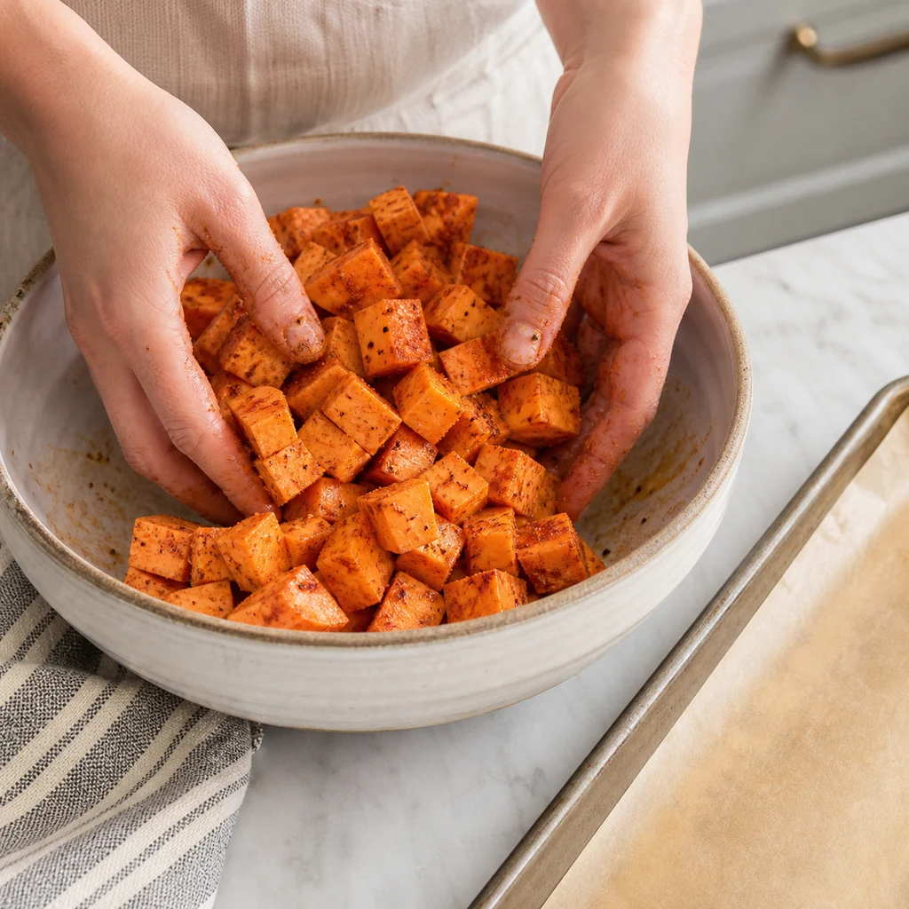 Cubed sweet potatoes being tossed with olive oil smoked paprika cumin salt and pepper