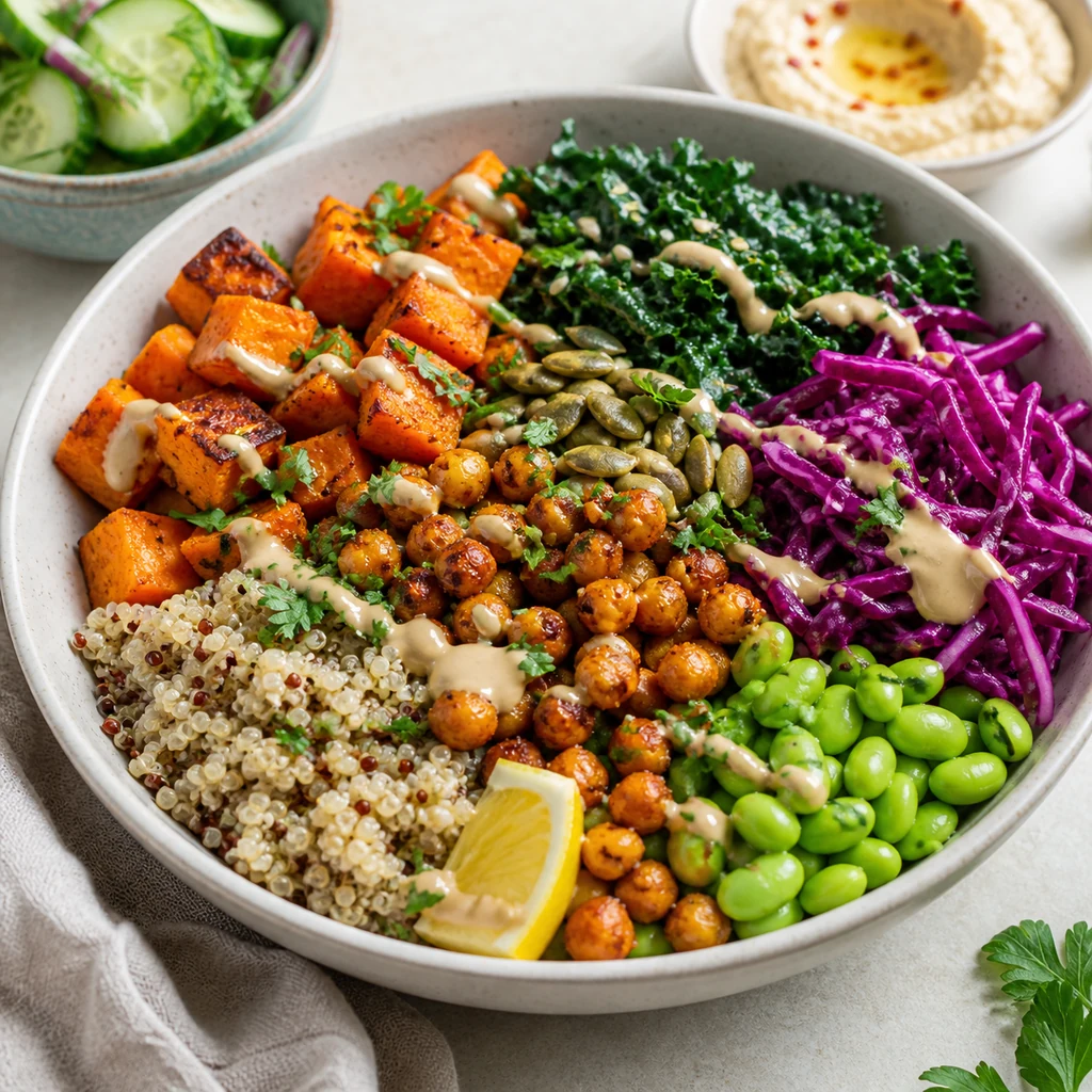 Finished roasted chickpea sweet potato protein bowl with quinoa edamame kale cabbage seeds lemon and tahini sauce