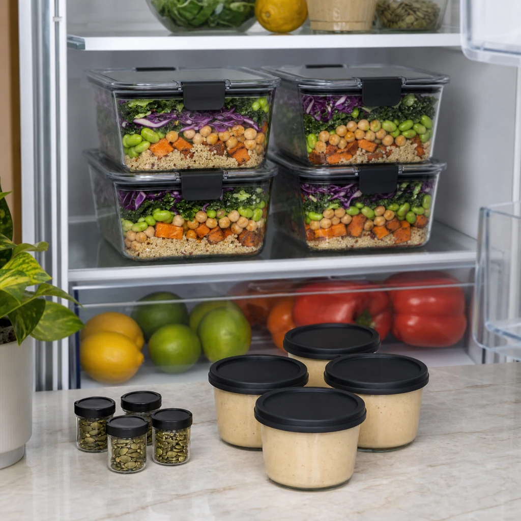 Roasted chickpea sweet potato protein bowls stored in sealed glass meal prep containers with separate sauce cups