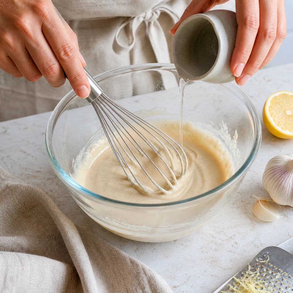 Creamy lemon tahini sauce being whisked in a small bowl