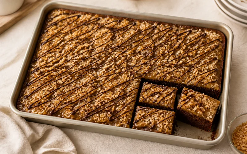 Finished Samoa sheet cake in a rectangular 9x13-inch pan with caramel coconut topping and chocolate drizzle.