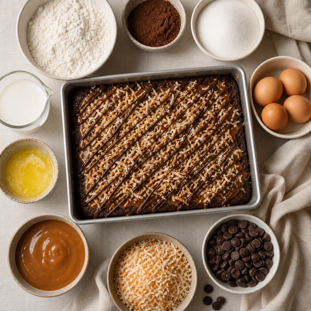 Measured ingredients arranged around the rectangular 9x13-inch pan for Samoa sheet cake.