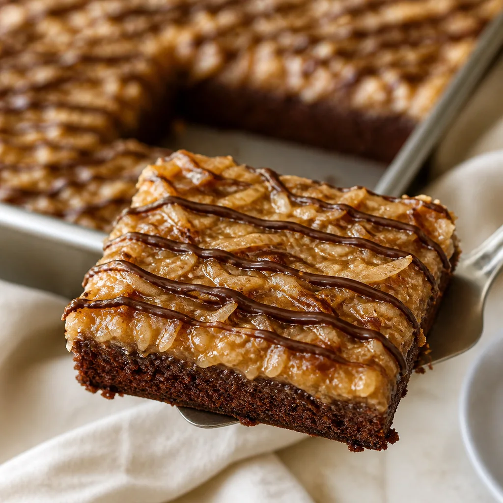 A clean square cut from the 9x13 Samoa sheet cake showing the chocolate cake and caramel coconut topping.