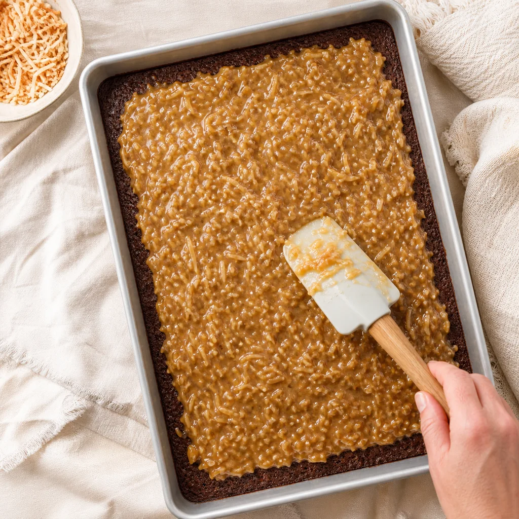 Caramel and toasted coconut being spread over chocolate sheet cake in the same 9x13-inch pan.