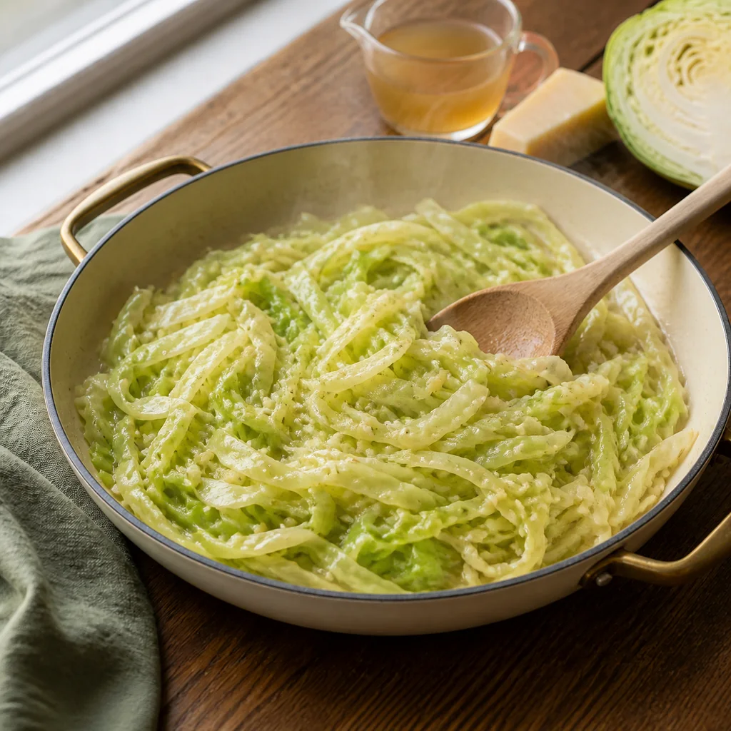 Thin green cabbage ribbons sautéed with butter and garlic until tender.