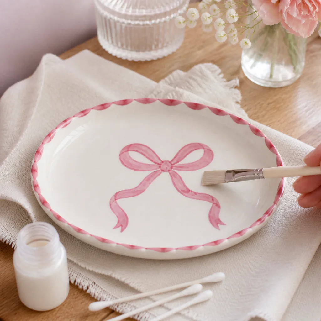 Clear gloss sealer being brushed over the painted ceramic bow trinket dish after the pink bow and red rim are dry.