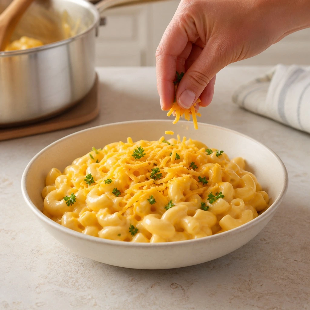 Creamy homemade mac and cheese served in a shallow ceramic bowl