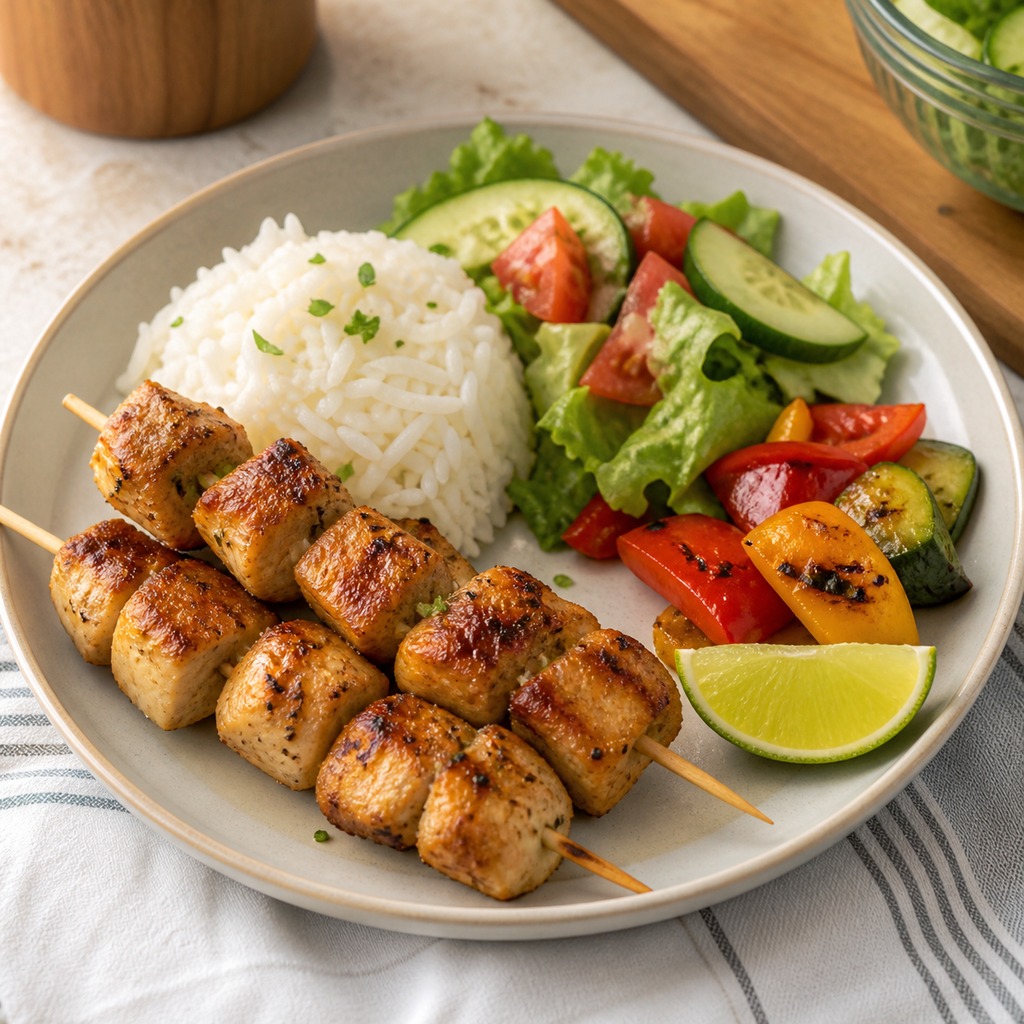 Honey lime chicken skewers served with jasmine rice salad grilled vegetables and lime