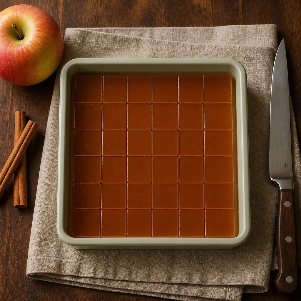 Set amber apple cider agar jelly cut into a six-by-six grid in a square silicone pan.