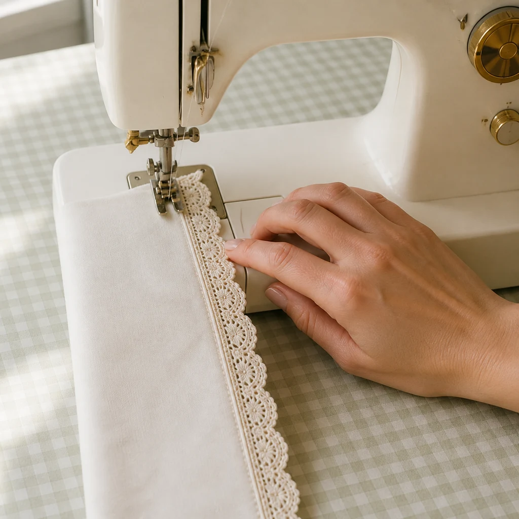 Scalloped lace sewn along the edge of a cotton bandana